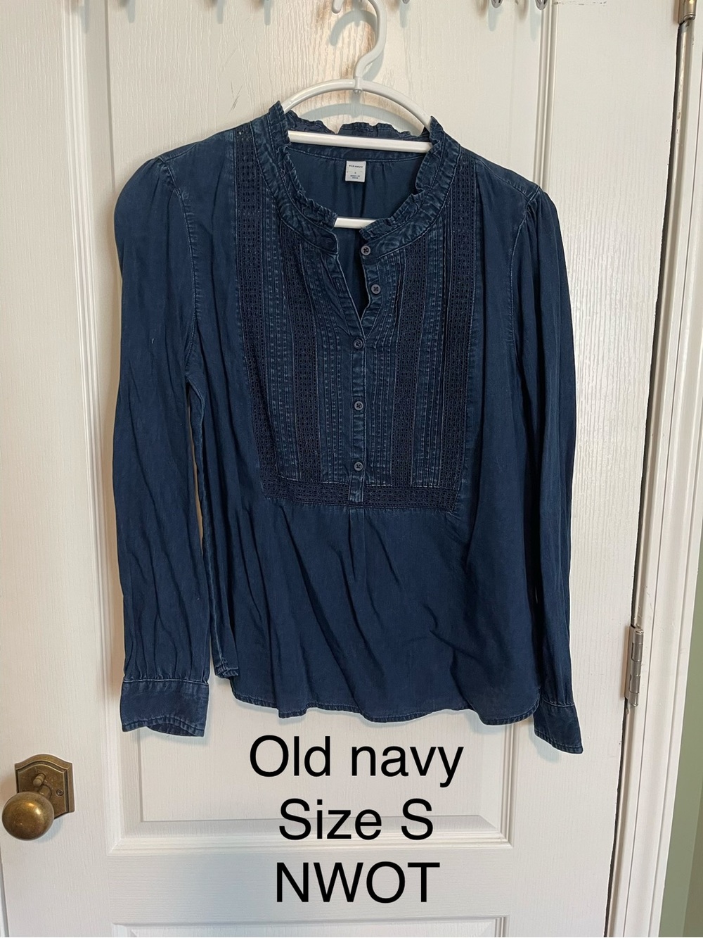 Old Navy Dark Blue Embroidered Peasant Top